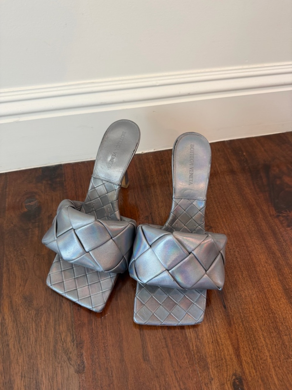 Bottega Veneta Iridescent Silver Intrecciato Padded Slide Mules